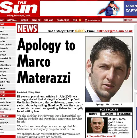 Marco Materazzi a primit compensaţii importante din partea tabloidului britanic "The Sun"