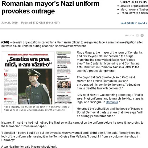 Radu Mazăre în uniformă de nazist, pe prima pagină a site-ului CNN