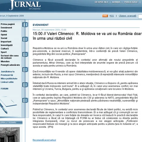 Republica Moldova se va uni cu România doar prin război civil, în care se va implica Rusia, spune Climenco