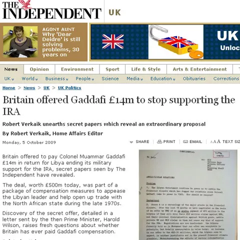 Londra a vrut să îl plătească pe Gaddafi pentru a nu mai susţine IRA, arată documente declasificate