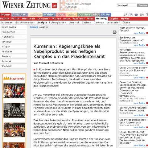 Wiener Zeitung: Decizia lui Băsescu privind premierul arată cât de dominant este rolul preşedintelui