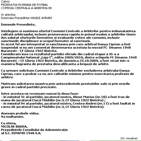 Dinamo a solicitat CCA excluderea din arbitraj a centralului Ciprian Danşa