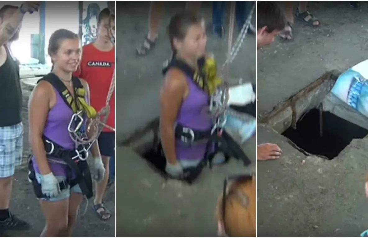 VIDEO șocant: Legată cu o coardă, se aruncă prin gaura din planșeu și dispare. Ce urmează