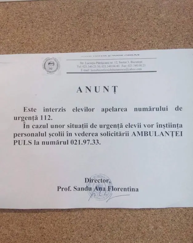 Situaţie aberantă la un liceu din Capitală. Elevii, informaţi să nu sune la 112, în caz de urgenţă