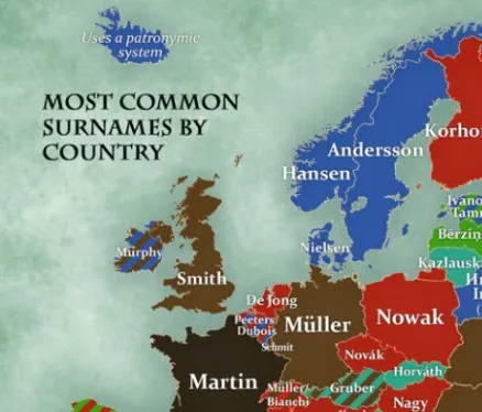 Harta celor mai populare nume de familie din Europa. Ce apare în dreptul României