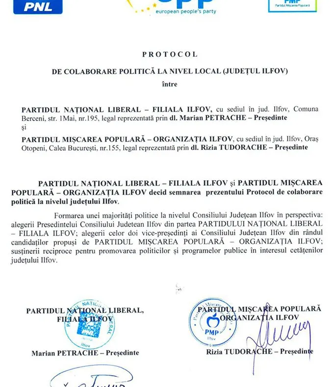 PNL şi PMP, protocol de colaborare la Ilfov. Liberalii iau funcţia de şef CJ. Ce revine PMP