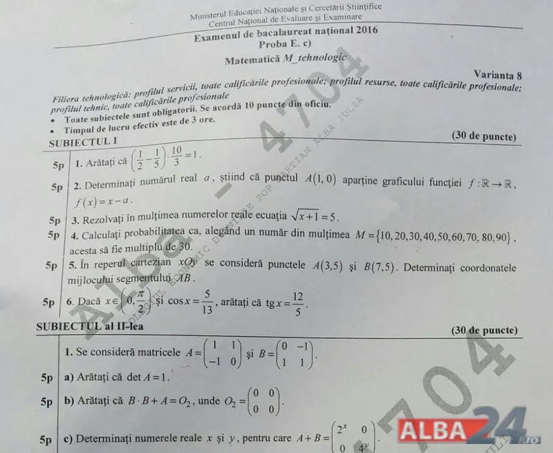 Subiecte BAC M3 Tehnologic. Acestea sunt subiectele la MATEMATICA BAC 2016. VEZI rezolvările corecte