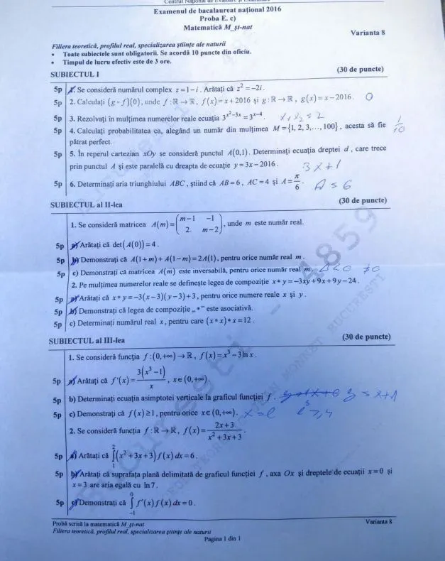 Subiecte BAC M2 Stiintele naturii. Consultă AICI subiectele la MATEMATICĂ M2 BAC 2016