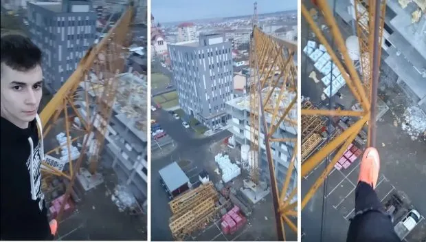 Inconștiență. Un tânăr s-a filmat în timp ce se plimba pe brațul unei macarale