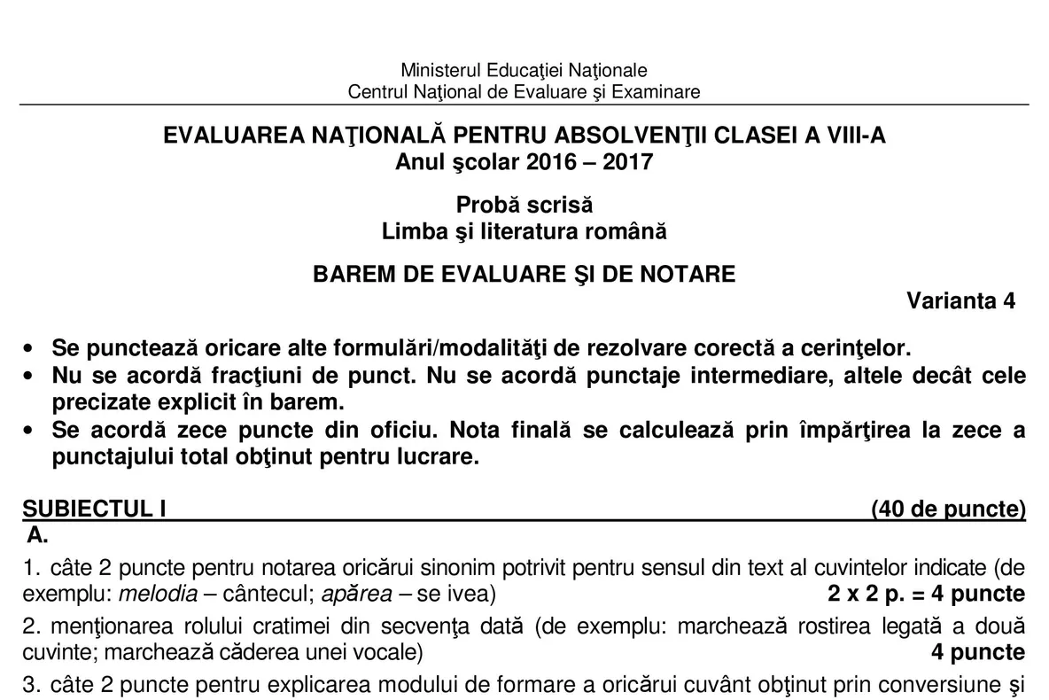 Barem Română Evaluare Naţională 2017