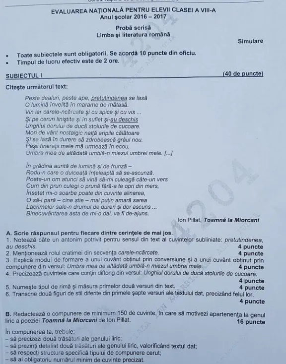 Subiecte Evaluare Naţională 2017. Peste 144.000 susţin examenul la Română. Iată subiectele şi barem