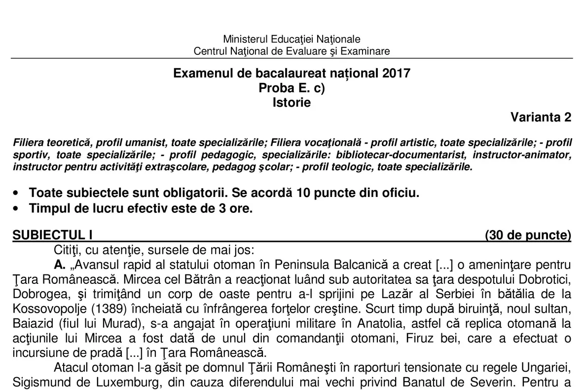 Subiecte şi Barem ISTORIE BAC 2017