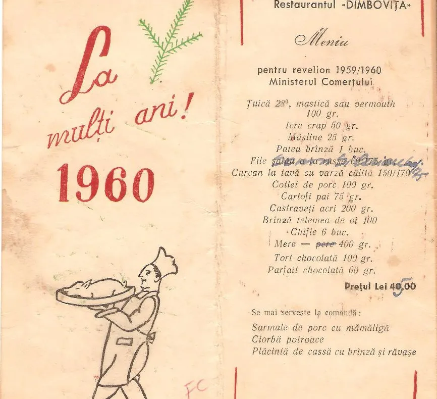 Revelion în comunism. Cum arăta meniul unui restaurant pentru noaptea dintre anii 1959-1960