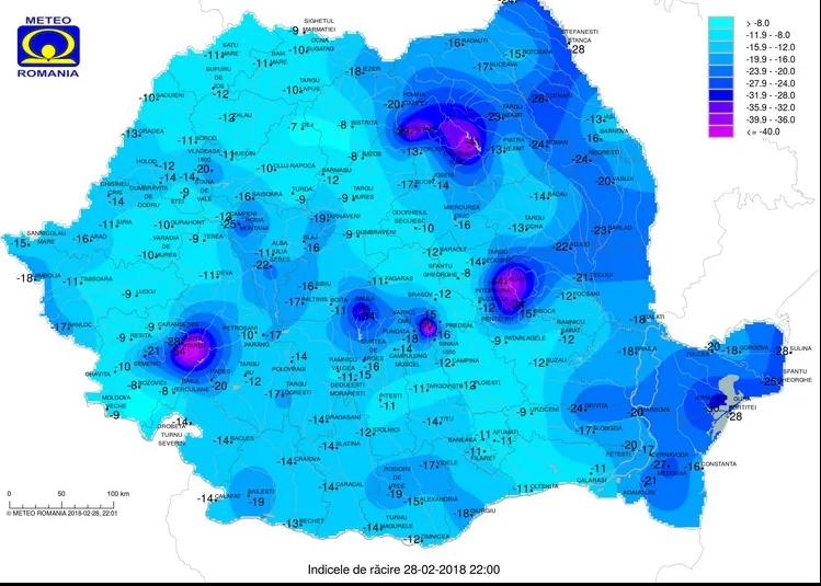 Cea mai geroasă noapte din această iarnă începe în forță. Minus 54 de grade resimțite în România!