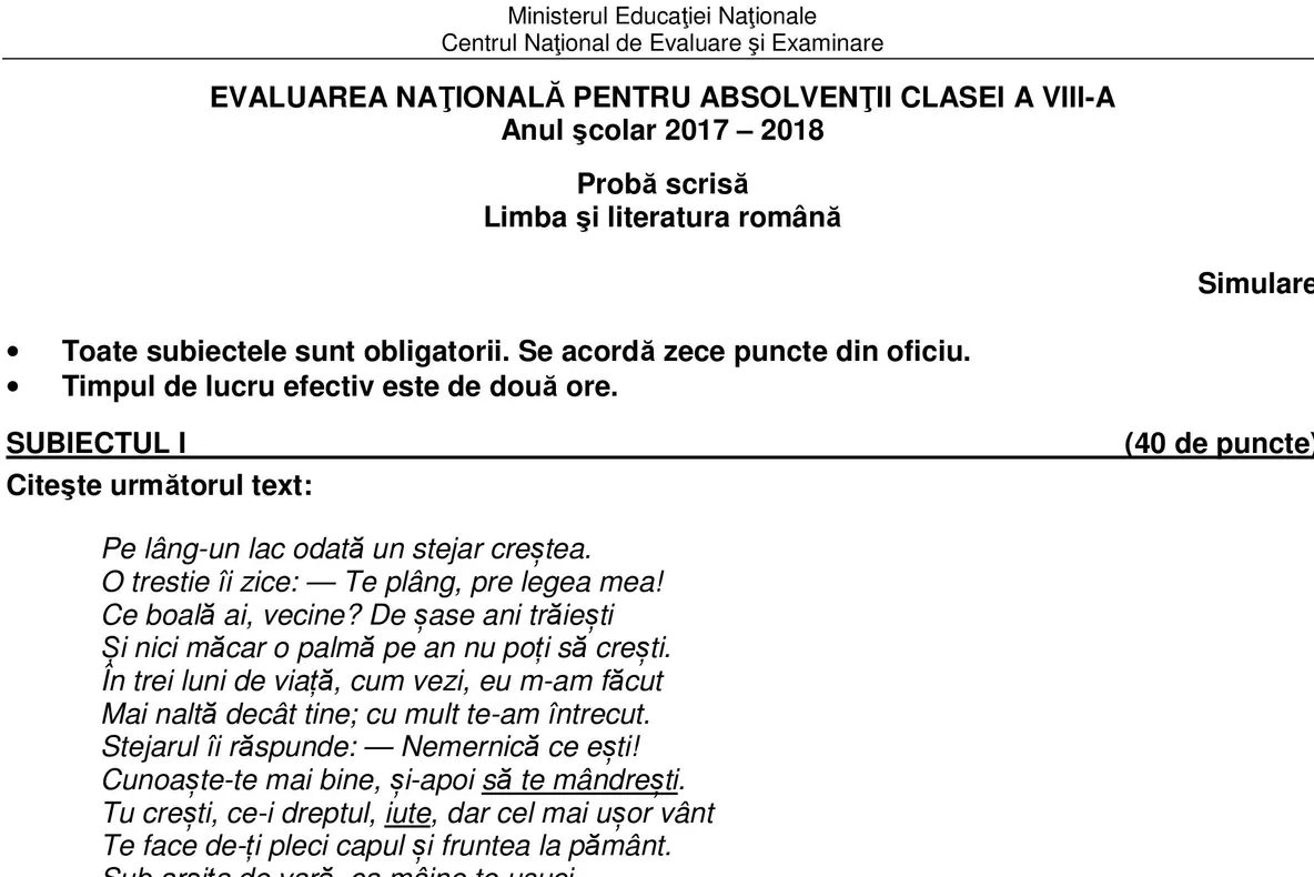 Subiecte şi barem ROMÂNĂ simulare 2018 - Evaluare Naţională. EDU.ro a publicat subiectele şi baremul