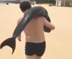 Scene șocante pe o plajă. Un turist duce un delfin pe umăr