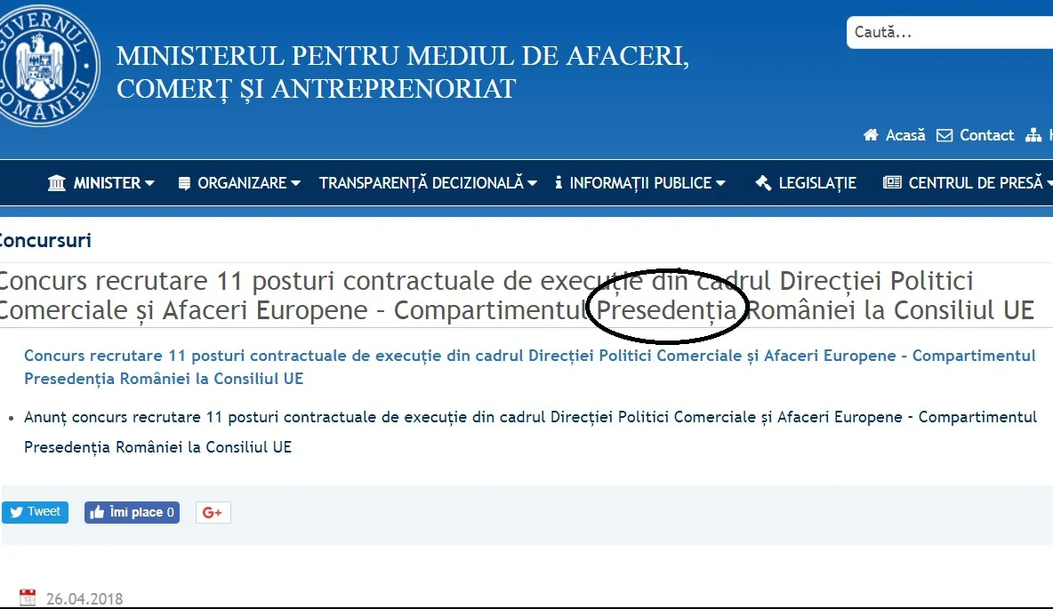 Ministerul pentru IMM-uri comite o gafă: "Preşedenţia" României la Consiliul UE 