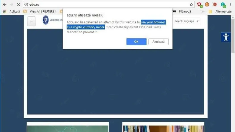 Antivirușii avertizează că site-ul Min. Educației folosește calculatorul pentru a mina criptomonede