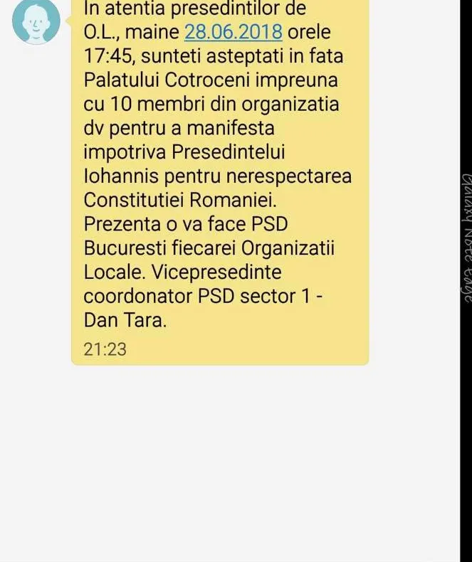 Miting PSD cu forţa la Palatul Cotroceni, în ziua moţiunii de cenzură. SMS-ul dovadă