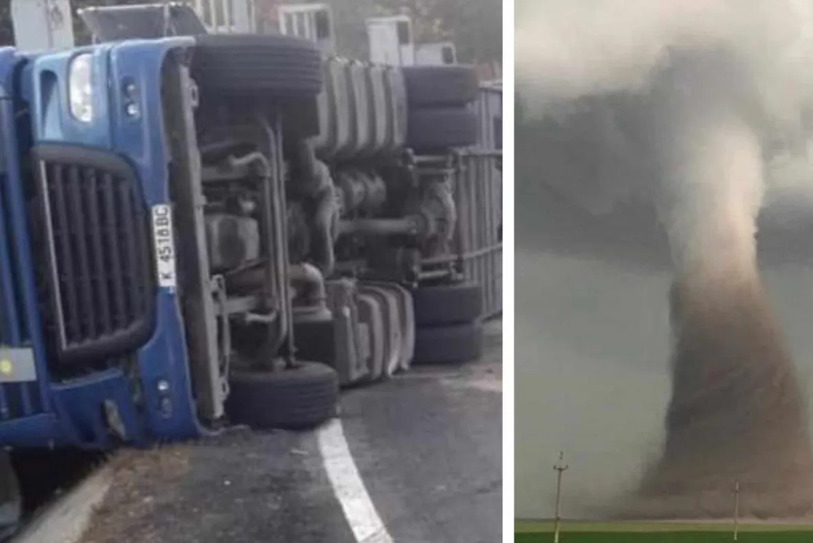 TIR aruncat de vânt în afara străzii