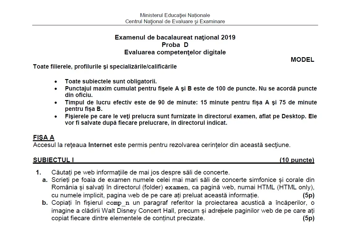 Subiecte BAC 2019 competențe digitale. Subiecte și barem de corectare