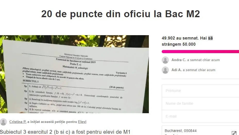 BAC 2019 M2. Petiția elevilor de la Tehnologic, cu 50.000 de semnături: ”20 de puncte din oficiu!”