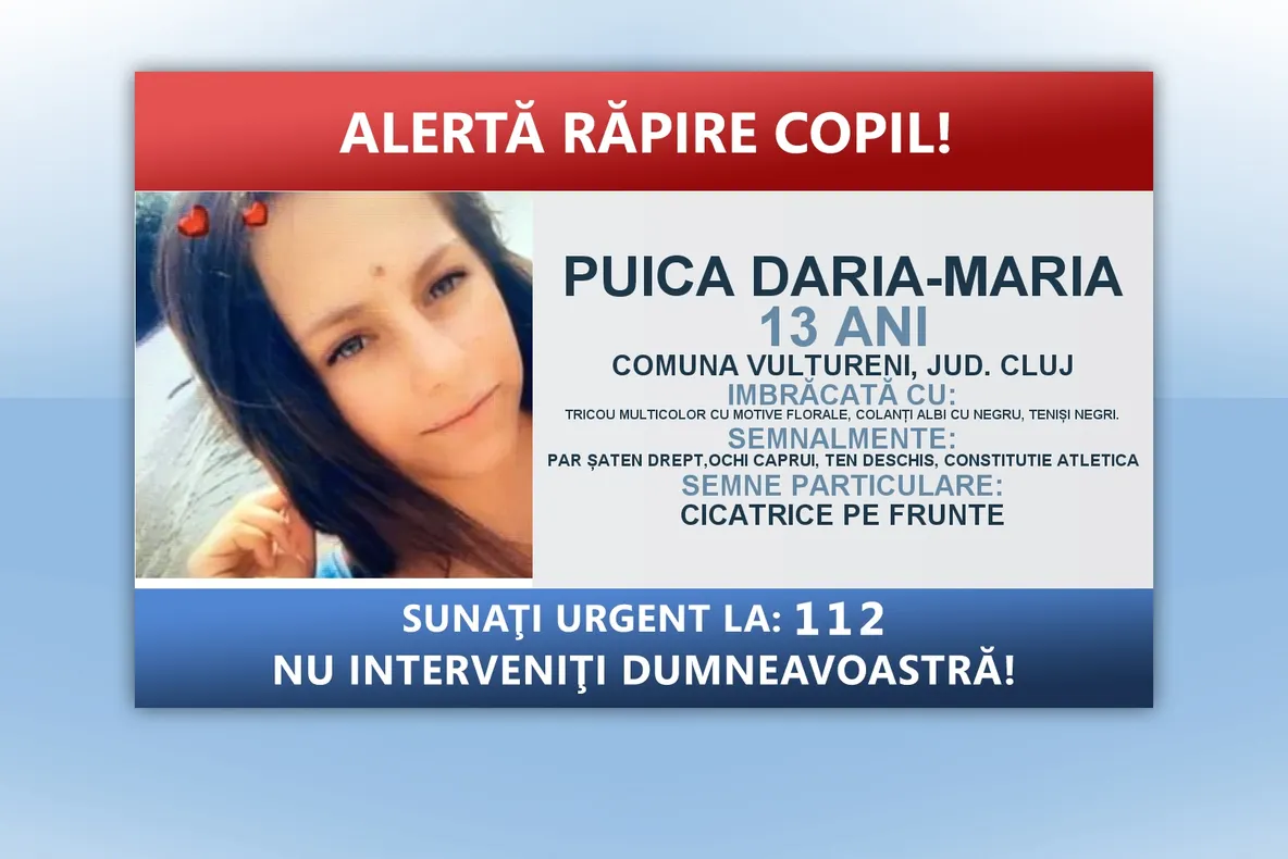 ALERTĂ! O minoră de 13 ani din judeţul Cluj a fost răpită. Cine este suspectul
