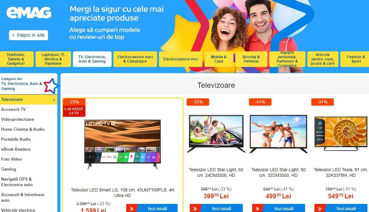 eMAG – Top 5 televizoare cu cele mai bune review-uri