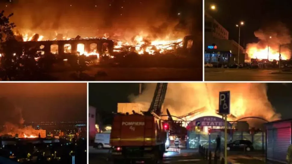 Incendiu URIAȘ la Oradea, piața din centru a luat foc! Peste 50 de pompieri militari au acționat
