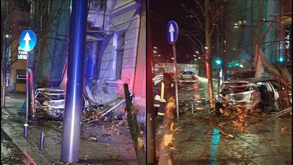 FOTO Grav accident rutier în centrul Clujului! Un şofer beat a rupt mai mulţi copaci şi s-a izbit de o casă