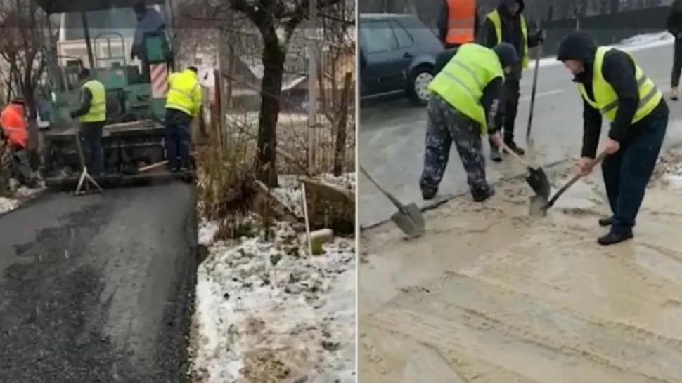 Angajaţi surprinşi turnând asfalt peste zăpadă şi noroi - FOTO