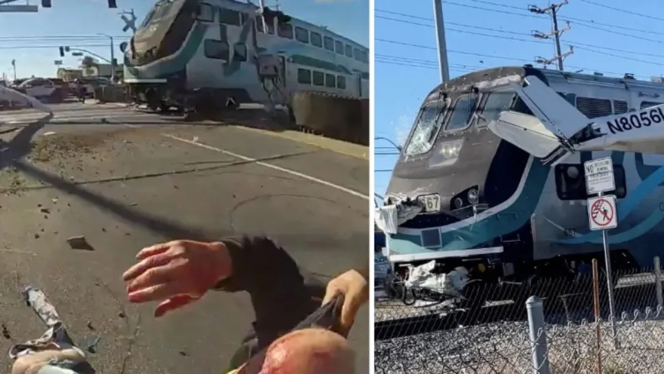 VIDEO | Pilot salvat dintr-un avion prăbușit cu câteva secunde înainte ca un tren să intre în el