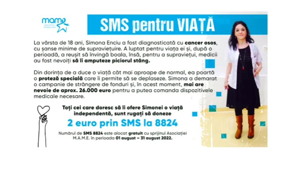 SMS pentru viață. Simona Enciu a supraviețuit cancerului, dar are nevoie de o proteză - Și tu poți face minuni donând 2 euro!