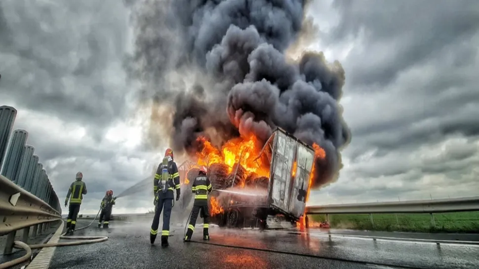 Incendiu puternic, pe autostrada A1 Deva – Nădlac: TIR încărcat cu mase plastice, în flăcări - VIDEO