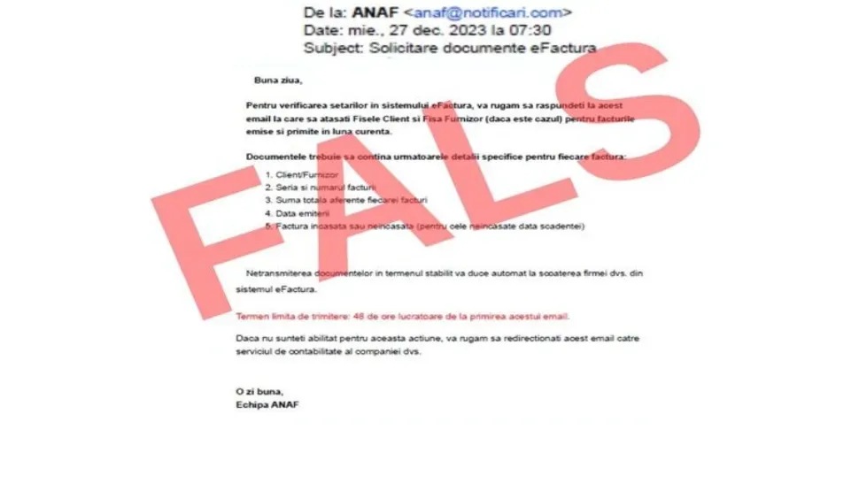  ANAF, avertisment legat de sistemul RO e-Factura: „Mesaje false. Nu deschideți aceste emailuri” 