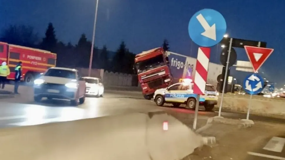 Trafic blocat, pe DN5, în, Jilava. Un camion a derapat, iar carosabilul este plin de motorină