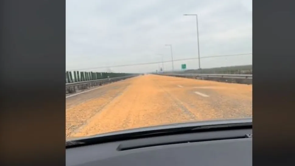 Blocaj pe Autostrada Soarelui după ce a "plouat" cu porumb. Risc mare pentru șoferi - VIDEO