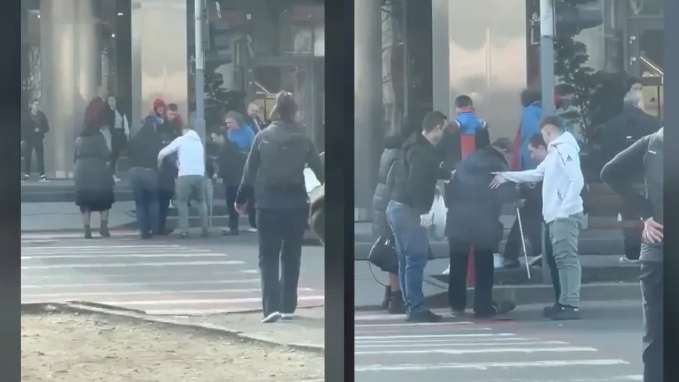 Scene impresionante în Baia Mare: Un grup de tineri ajută un bătrân căzut pe stradă 