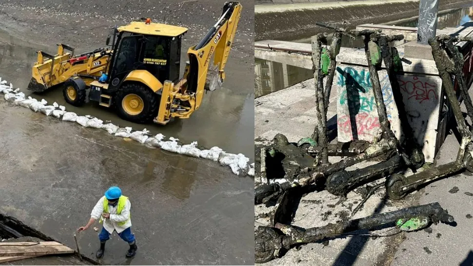Lucrări pe râul Dâmbovița între Operă și planșeul de la Unirii, pentru remedierea unor fisuri. Trotinete aruncate de bucureșteni, găsite după golirea albiei