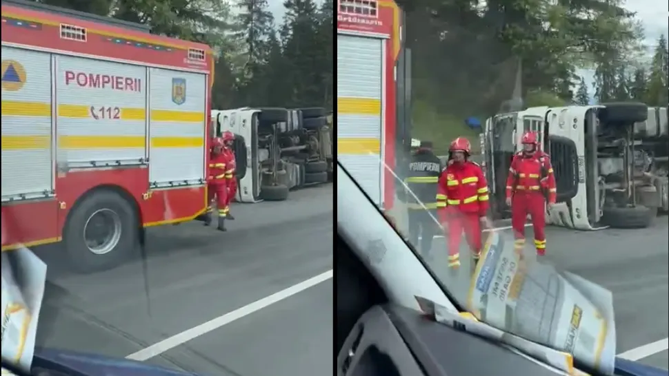 Un camion plin cu mere s-a răsturnat în Pasul Tihuța. Circulația în zonă se desfășoară alternativ