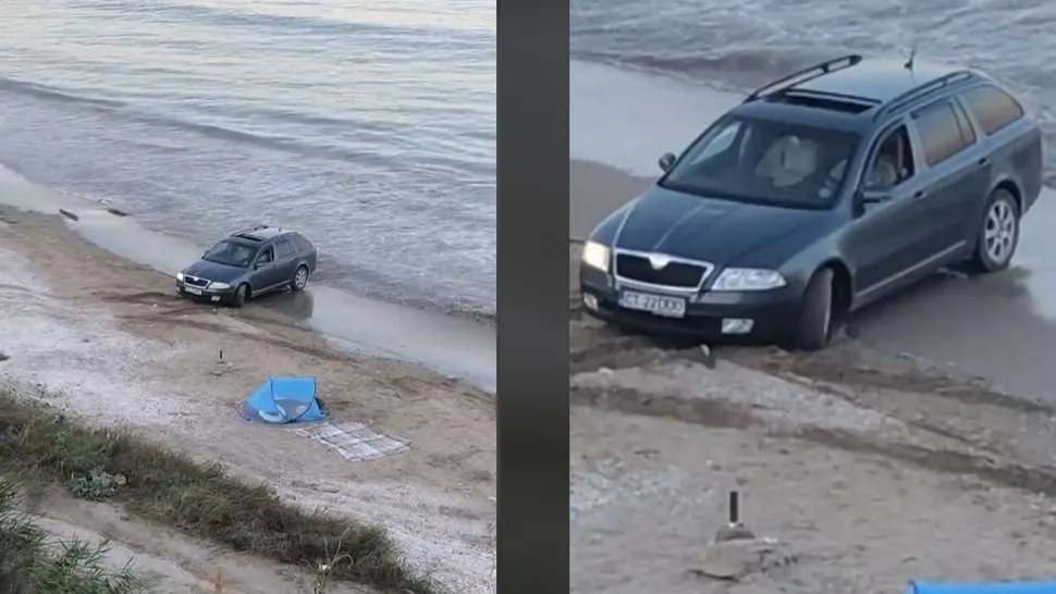 Val de ironii după cu un șofer a intrat cu mașina în mare. VIDEO cu glumele martorilor, în timp ce șoferul se chinuie să iasă din încurcătură