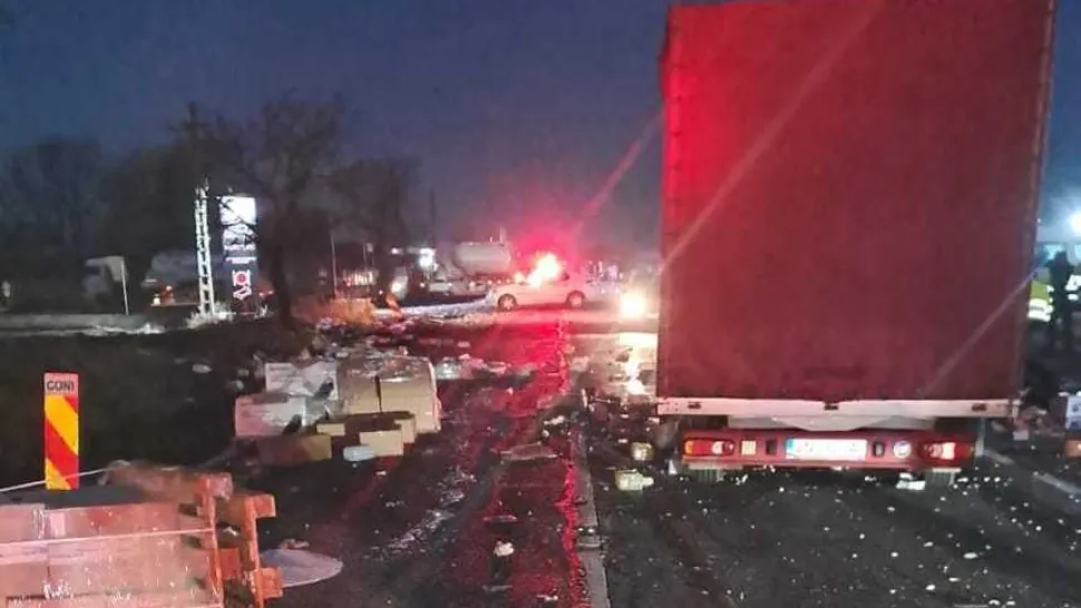 Trafic OPRIT pe DN1B, pe sensul spre Ploiești.  Un TIR care s-a răsturnat a intrat într-un restaurant: imagini cu impactul devastator