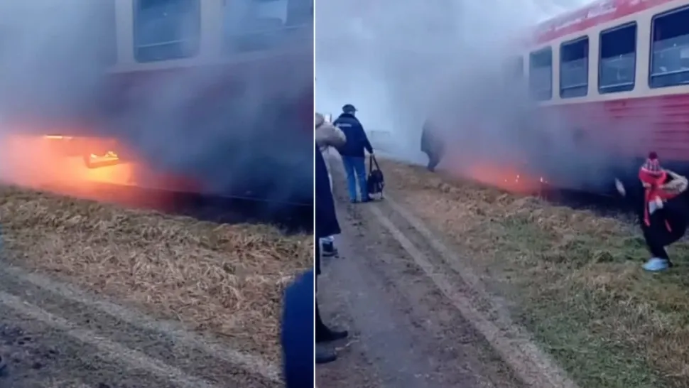 Panică într-un tren din România: a luat foc în mers! Călătorii au sărit din vagoane să se salveze - VIDEO