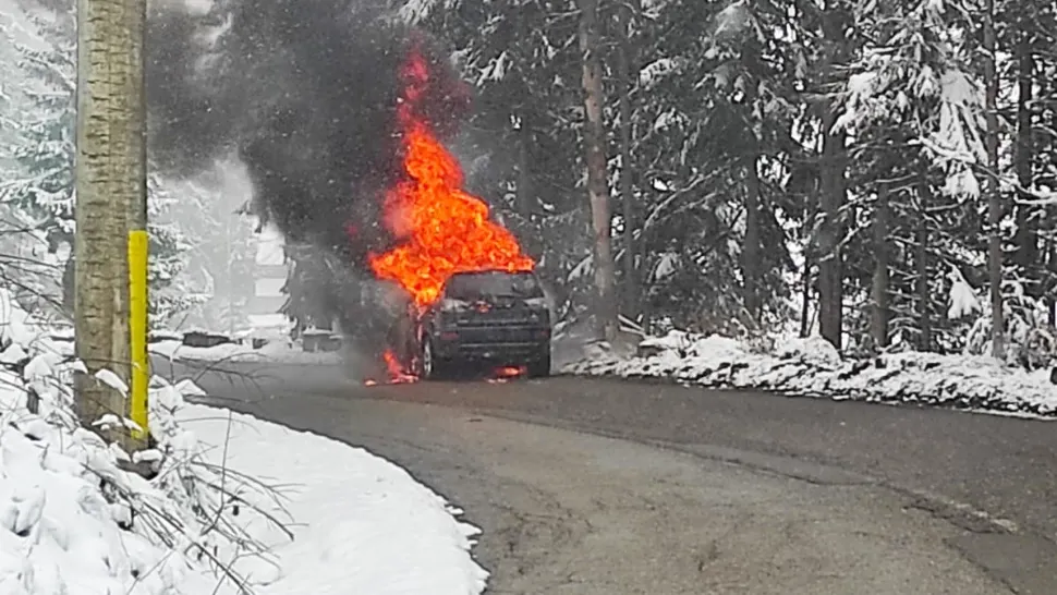 Mașină făcută scrum pe un drum de munte, în Suceava. Nu s-au înregistrat victime | FOTO
