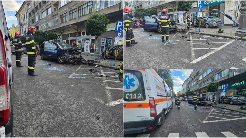 Accident deosebit de grav pe un bulevard intens circulat din Arad. Două mașini s-au făcut țăndări 