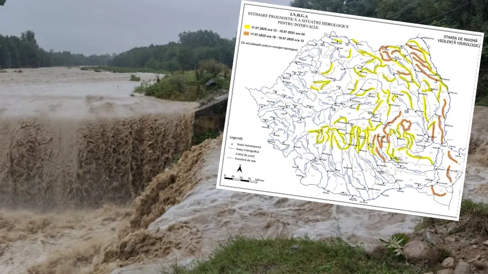 Alertă hidrologică! Cod portocaliu și galben de inundații pe râurile din 32 de județe, până vineri 