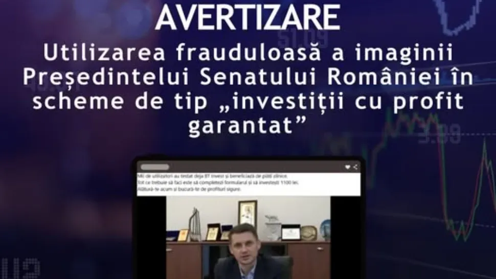 Alertă de înșelătorie: imaginea președintelui Senatului și a celei mai mari bănci comerciale, folosite pentru promovarea unei scheme piramidale