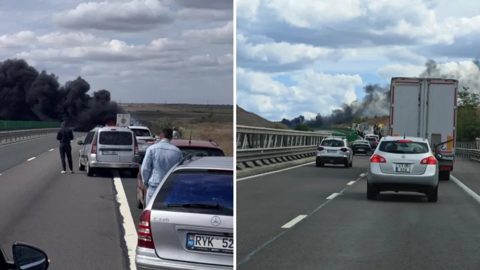 Trafic paralizat pe A2 după ce un TIR încărcat cu granule de plastic a fost cuprins de flăcări