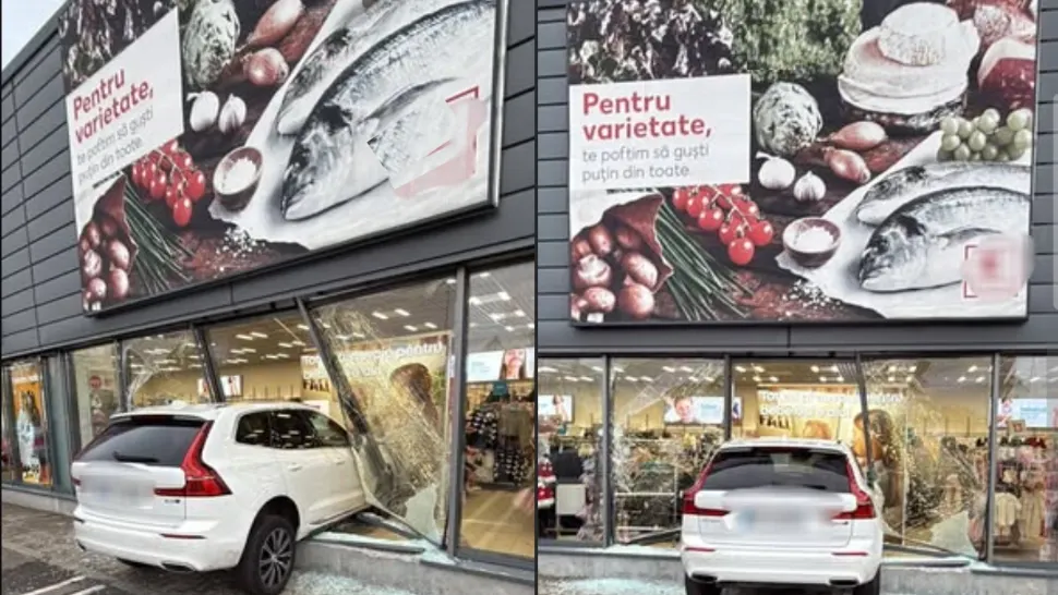 O șoferiță a intrat cu bolidul într-un supermarket din Brăila, direct prin vitrină - GALERIE FOTO