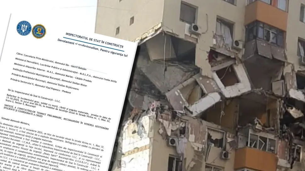 Raportul Inspectoratului de Stat în Construcții în cazul blocului din Rahova afectat de explozie. Specialiștii propun interzicerea accesului în clădire şi o demolare controlată DOCUMENT 